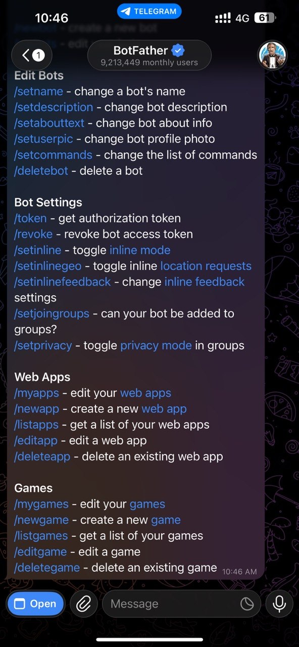 Send /newbot to BotFather or click Open at the bottom left of the screen to bring up the GUI